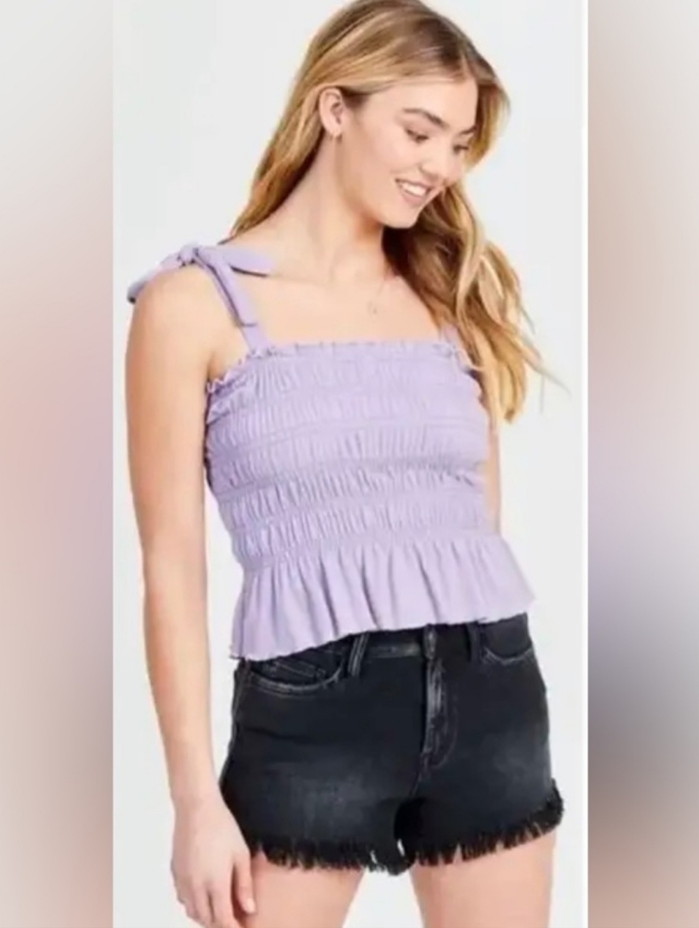 Altar'd State Tops Lilac Smocked Tie-Shoulder Tank Top Lavender Sm